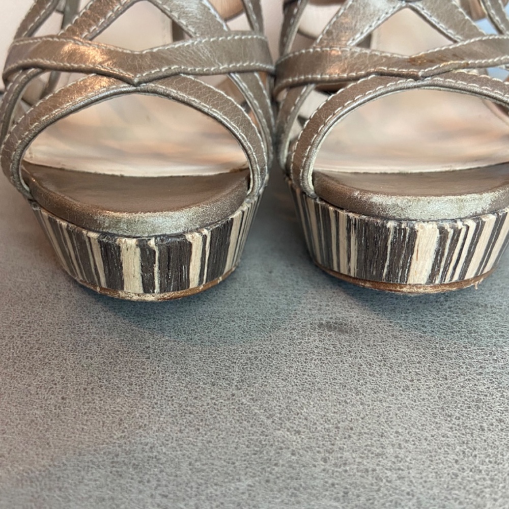 Prada Platform Stiletto Strappy Sandals with striped wooden heals - Picture 4 of 9